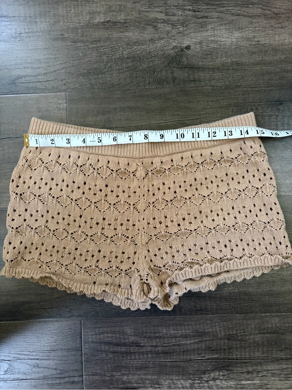 Aerie Crochet Knit Shorts Tan Nude Open Stitch Ruffle Scallop Beach Coverup S - Picture 2 of 4